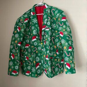 Green Santa & Candy Cane Pattern Christmas Blazer